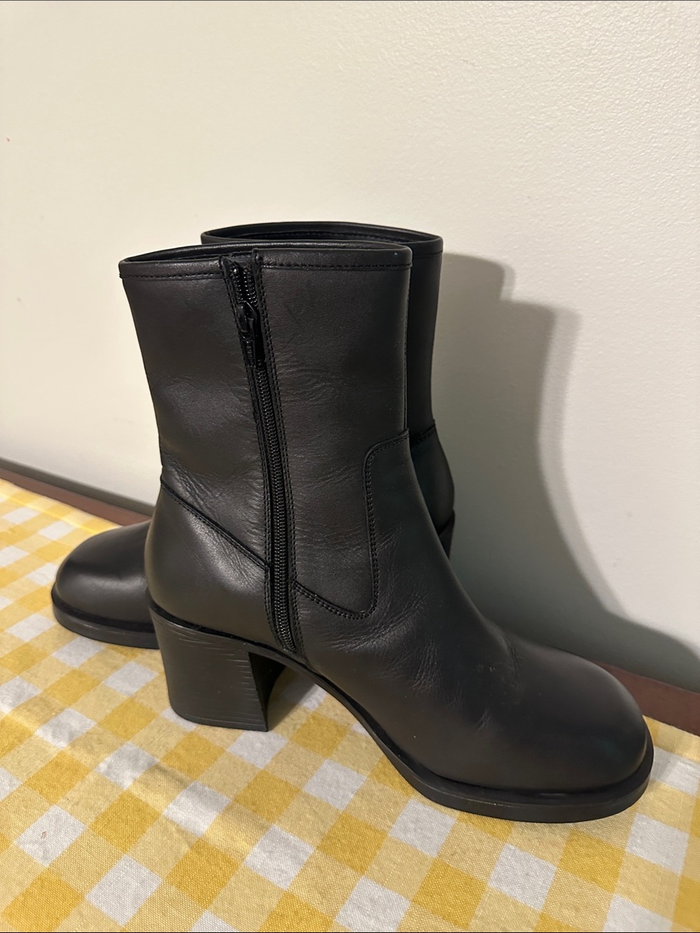 Black faux Leather Mid-Calf Block Heel Boots